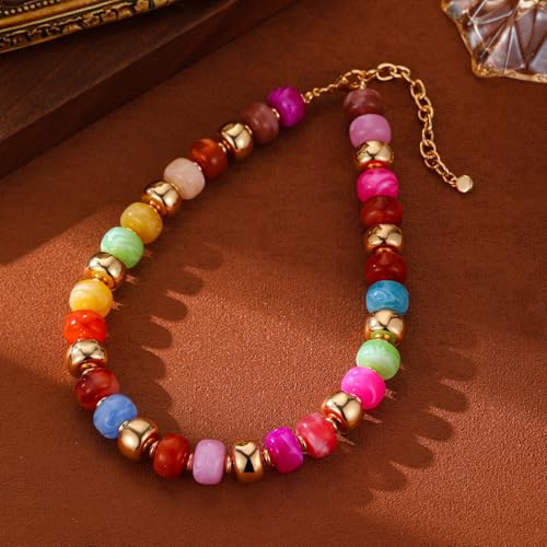 Resin Chunky Colorful Beaded Necklace | Adjustable Boho Statement Necklace,Summer Beach Party Jewelry - color: Colorful