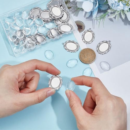 Beebeecraft 30 Sets Pendant Cabochon Settings, 304 Stainless Steel Silver Oval Bezel Pendant Blanks Settings with 18mm Oval Glass Cabochons Dome Tiles Trays Photo Charms for Wedding Bouquet