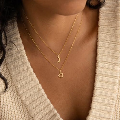 Dainty Gold Necklace: 14k Gold Plated Dianty Boots Bow Sun Moon Horse Evil Eye Conch Seahorse Necklace for Women 16.5"+2" - color: Sun&moon