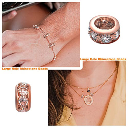 BronaGrand 40pcs Rose Gold European Large Hole Beads Rhinestone Rondelle Spacer Beads Crystal Loose Charm Beads for DIY Bracelet Necklace Crafts Jewelry Making Supplies, Hole: 6 mm - color: Rose Gold, size: 10MM