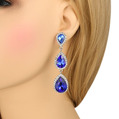 EleQueen Women's Crystal Teardrop Pear Shape 2.5 Inch Long Earrings | Dangle Earrings for Women, TearDrop Crystals Earrings for Bride Bridesmaid, Prom Jewelry for Wedding - color: 08-Sapphire