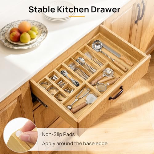 Vtopmart Bamboo Drawer Organizer Boxes - Set of 7 Multi-purpose Wooden Storage Dividers for Kitchen, Bathroom, Office, Desk, Makeup, Jewelry & More, Non-Slip Junk Drawer Organizer Trays for Storage - style: 7 Boxes