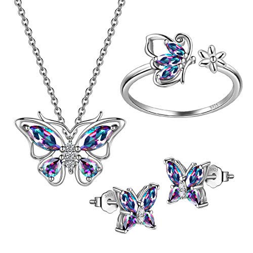 925 Sterling Silver Birthstone Butterfly Jewelry Women Crystal Animal Cute Butterflies Birthday Necklace/Earring/Ring/Bracelet Sets Birth Stone Statement Anniversary Jewellery - color: 2-M.Mysitc-Rainbow-Topaz