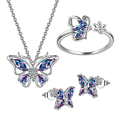 925 Sterling Silver Birthstone Butterfly Jewelry Women Crystal Animal Cute Butterflies Birthday Necklace/Earring/Ring/Bracelet Sets Birth Stone Statement Anniversary Jewellery - color: 2-M.Mysitc-Rainbow-Topaz
