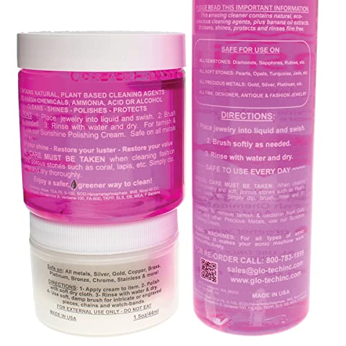 Sunshine Premium Jewelry Cleaner – 4oz Cleaner with Brush, 6oz Refill Bottle and 1.5oz Polishing Cream – Safe to Use on Gemstones, Soft Stones, Precious Metals on All Types of Jewelry