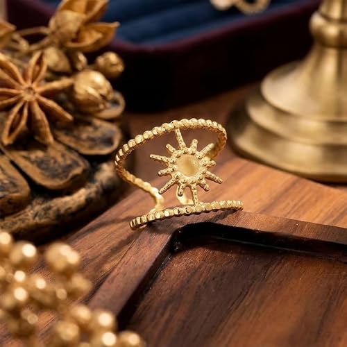 AeraVida Gold Plated Sunburst Ring Adjustable 7-9 (Adjustable), Stainless Steel Double Layer Ring, Celestial Sun Jewelry, Open Band Fashion Ring