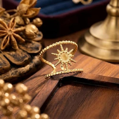 AeraVida Gold Plated Sunburst Ring Adjustable 7-9 (Adjustable), Stainless Steel Double Layer Ring, Celestial Sun Jewelry, Open Band Fashion Ring