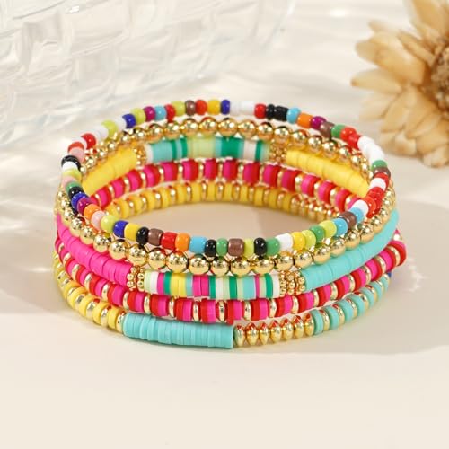 Colorful Gold Plated Stackable Ball Seed Beaded Bracelets Set For Women, Boho Handmade Romantic Stretch Accessories Jewelry, Daily Wear Holiday Party Friendship Gift - color: Heishi