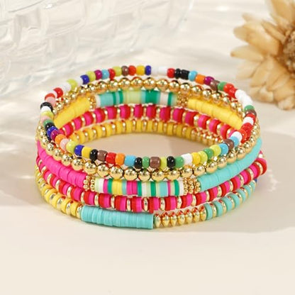 Colorful Gold Plated Stackable Ball Seed Beaded Bracelets Set For Women, Boho Handmade Romantic Stretch Accessories Jewelry, Daily Wear Holiday Party Friendship Gift - color: Heishi