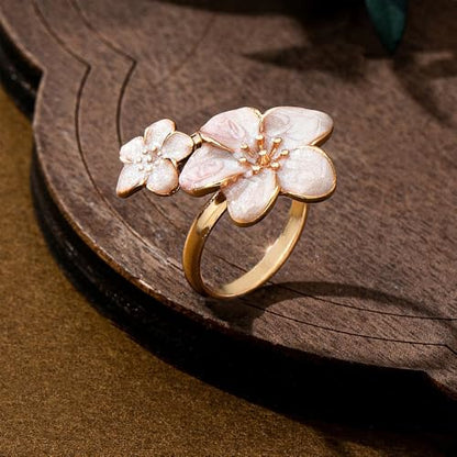 NewZenro Elegant Flower Enamel Adjustable Open Ring for Women Gold-Tone Plated Chic Cherry Blossoms Floral Statement Finger Wrap Band Rings Comfort Fit Wedding Party Prom Fashion Jewelry - color: White