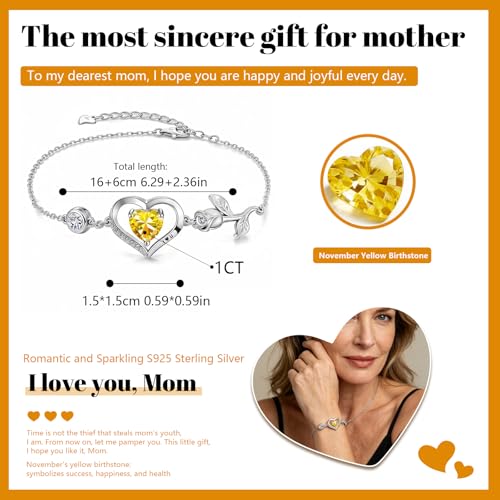 1CT Rose Heart Birthstone Bracelet for Women Love Gift - style: 11-Nov Yellow Silver