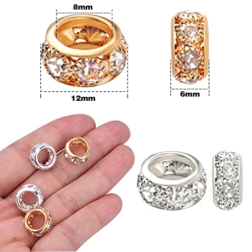 BronaGrand Large Hole Spacer Beads, 40pcs 12 mm Crystal Rhinestone European Beads Brass Rondelle Charm Spacers Loose Beads Crafts Supplies for DIY Snake Chain Bracelets Jewelry Making, Gold, Silver - color: Gold&Silver, size: 12MM