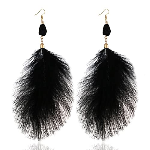 Long Natural Feather Tassel Drop Dangle Earrings Pheasant Feathers Peacock for Women Bohemian Handmade Lightweight Jewelry - color: Black