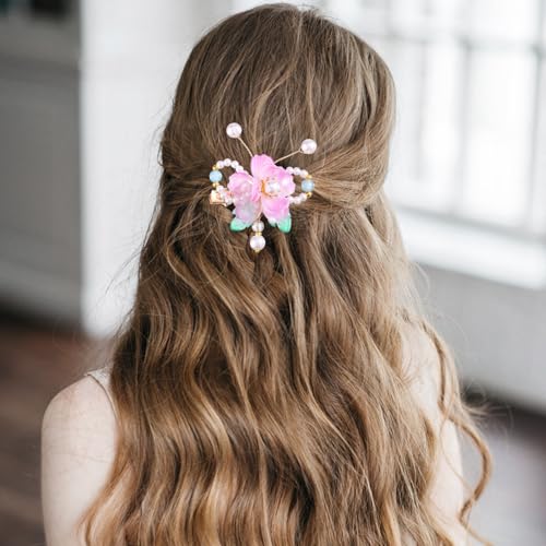 A Pair Wedding Hair Clips, Handmade Floral Design Crystal Hair Clips Pearl Barrettes, Rhinestones Flower Clips Pearl Headpieces Hair Pins Hair Accessories for Women Girls (Light Purple) - color: Light Purple