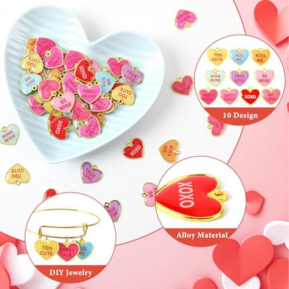 60Pcs Valentine Charms Valentines Day Heart Candy Alloy Pendants | Enamel Valentine Heart Charms, Conversation Heart Charms Collection, Text Engraved Designs, Festival Theme Accessories - style: Valentine Heart Charms