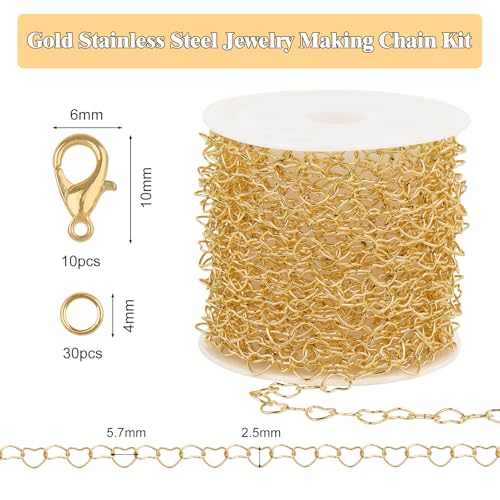 GTVOODX 16.4 Feet Stainless Steel Gold Heart Chains for Jewelry Making | 18K Gold Plated Soldered Jewelry Chain Roll Spool for DIY Jewelry Bracelet Necklace Making with Lobster Clasps Jump Rings - color: Gold Heart