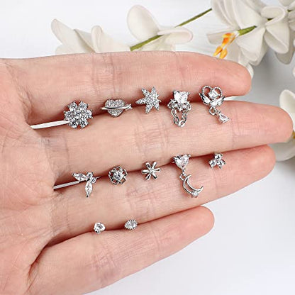 Sanfenly 12 PCS 20G Nose Rings Surgical Stainless Steel, L Shaped Nose Studs for Women Men, CZ Heart Butterfly Flower Leaf Moon Dangle Cute Nose Piercings Studs Screw Jewelry Pink/Purple/Blue/Clear - color: Clear
