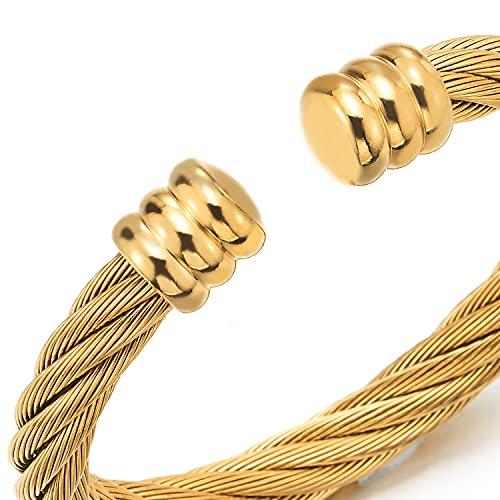 COOLSTEELANDBEYOND Large Elastic Adjustable Steel Twisted Wire Cuff Bangle Bracelet for Men Women - color: B-Metal Color: Gold