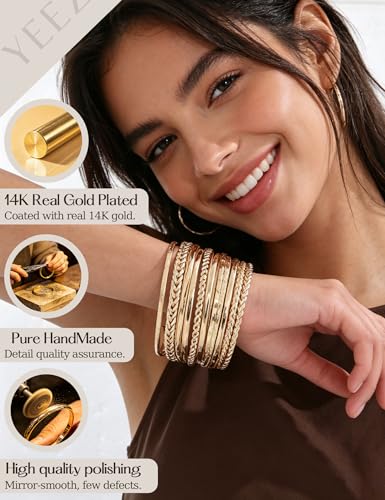 YEEZII Gold Bangle Bracelets for Women, 12 Pcs Indian Boho Stackable Set, Multi Layer Textured 14K Gold Plated Adjustable Bracelets Jewelry Set - color: GoldB-16Pcs