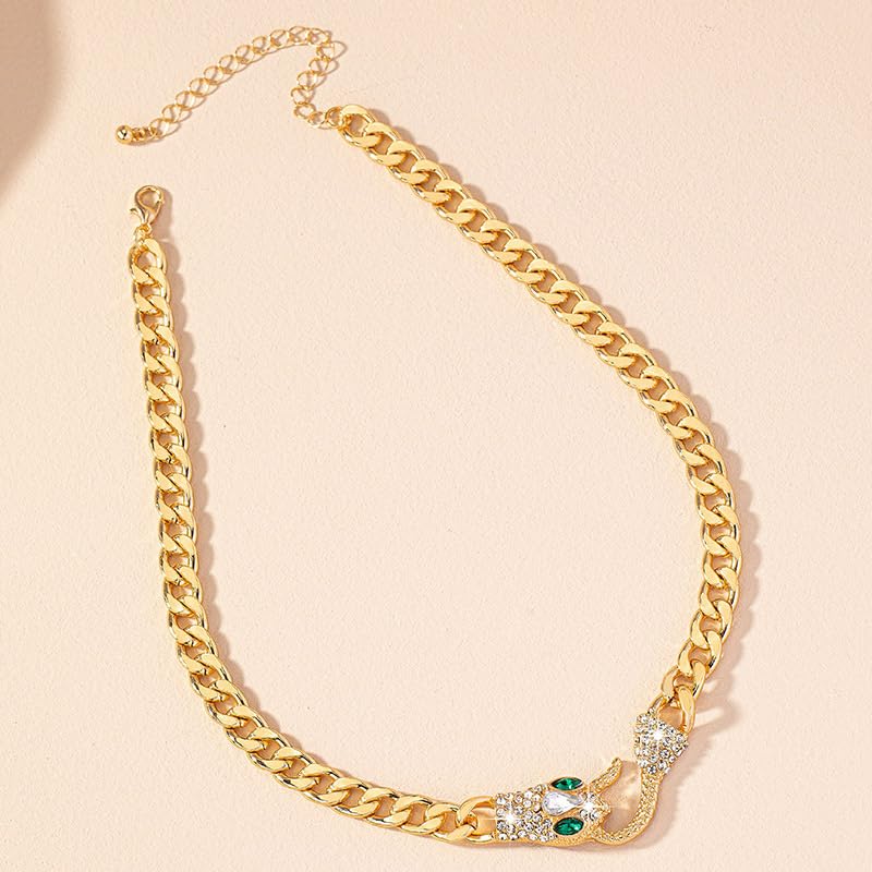 Punk Animal Snake Choker Necklace Hip Hop Rhinestone Snake head Cuban Link Chain Necklace Chunky Cuban Chain Crystal Jewelry for Women Gifts - color: Style B Gold