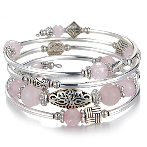 BULINLIN Layered Wrap Bangle Turquoise Bracelet - Bead Bracelet with Natural Agate Stone, Gifts For Women - color: 03-Pink