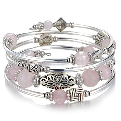 BULINLIN Layered Wrap Bangle Turquoise Bracelet - Bead Bracelet with Natural Agate Stone, Gifts For Women - color: 03-Pink
