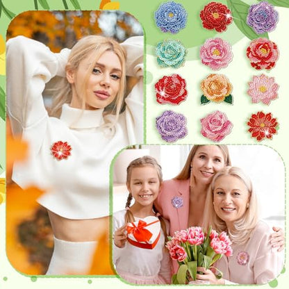 Kenning 24 Pcs Flowers Diamond Painting Brooch for Women Gifts Bulk Diamond Art Kits for Adults 5D Rhinestones Floral Lapel Pins Brooch for Beginner DIY Jewelry Crafts Wedding Party Decor