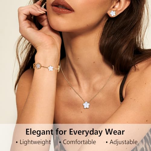Clover Jewelry Set for Women, 18K Gold Plated Necklace Bracelet & Stud Earrings Set, Stainless Steel Non Tarnish Gold Jewelry Set, Lucky Necklace and Earring Set Gift for Her - color: White