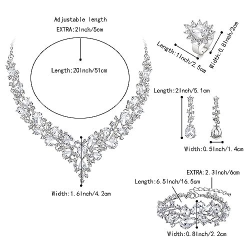 Wedding Bridal Jewelry Set for Women Bride Bridesmaids | Gorgeous Austrian Crystal Teardrop Cluster Statement Necklace Dangle Earrings Link Bracelet Set Prom Jewellery - color: 4Pcs-Clear Rhodium-Tone