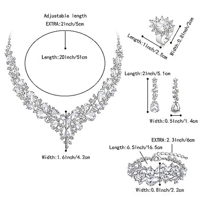 Wedding Bridal Jewelry Set for Women Bride Bridesmaids | Gorgeous Austrian Crystal Teardrop Cluster Statement Necklace Dangle Earrings Link Bracelet Set Prom Jewellery - color: 4Pcs-Clear Rhodium-Tone