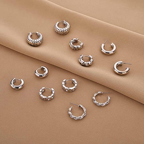 Wgoud 6 Pairs Chunky Gold Hoop Earrings for Women, 14K Gold Plated Hoop Earrings Hypoallergenic, Thick Lightweight Twisted Huggie Hoops Earring Set for Women’s Jewelry GIfts - color: 6 Silver Chunky Hoops