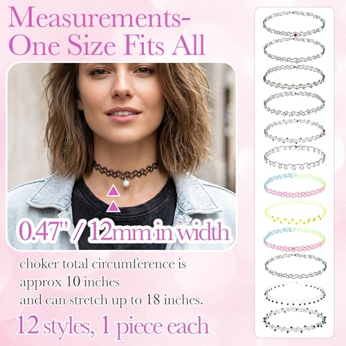 PAGOW Tattoo Choker Set, Stretchy 90s Choker Necklace, Adjustable Retro Y2K Gothic Grunge Chokers Jewelry Accessories - color: 12 Styles,12Pcs