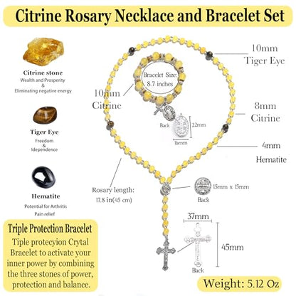 Rosary for Men Women, Natural Stone Beads with St. Benedict Bracelet | 8 mm Natural Stone Prayer Beads with 10 mm Accent Beads, St. Benedict Crucifix, Matching Bracelet, Gift Box and Pouch. - color: Yellow