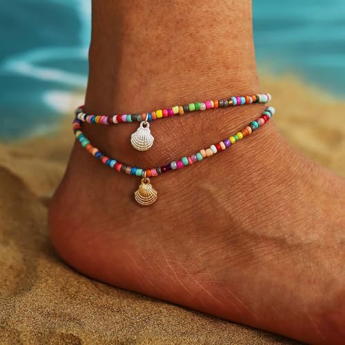 Starfish Shell Anklet Bracelets for Women, Boho Beaded Shell Anklet Set, Beach Vacation Foot Jewelry, Layered Summer Beachy Anklets - color: A4