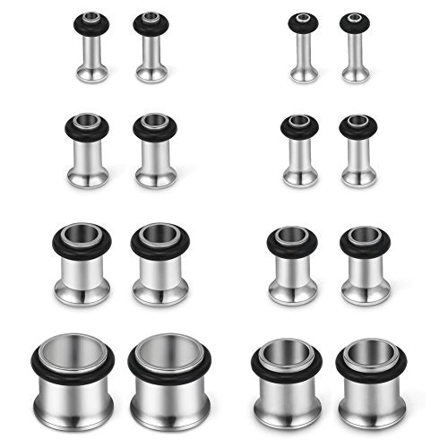SCERRING 16PCS Ear Tunnels Stretching Kit Stainless Steel Gauge Plugs Set Single Flared Expanders 12G-00G (2mm-10mm) - color: 8Pairs - Silver