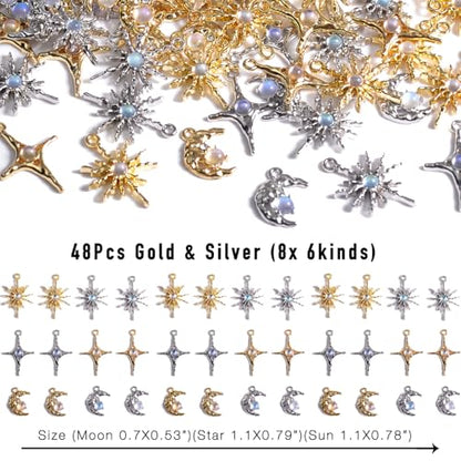 stino Jewelry Celestial Charms Set, Moon Star Sun Pendants | 48/56 Pcs, Silver & Gold Plated, DIY Jewelry Making Accessories - style: Baroque
