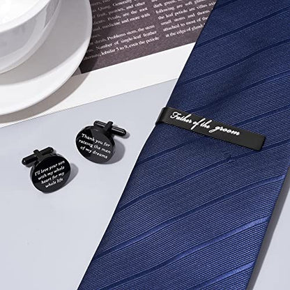 Jeka Father of The Bride/Groom Wedding Gifts Tie Bars & Cufflinks | Wedding Tie Bar & Cufflinks Set for Men, Father of the Bride, Father of the Groom, Father-in-Law Gifts - style: Father of The Groom-Black
