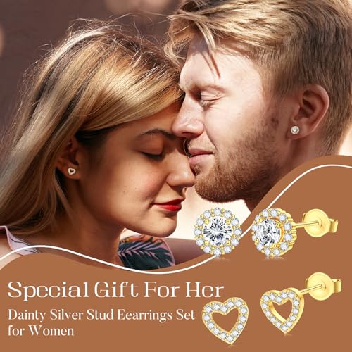SAILIMUE Hypoallergenic Sterling Silver Stud Earrings for Women Men | Brilliant Heart Knot Round Cubic Zirconia Earring Studs for Sensitive Ears Gold Silver Tone - color: gold-D