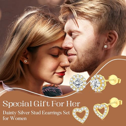 SAILIMUE Hypoallergenic Sterling Silver Stud Earrings for Women Men | Brilliant Heart Knot Round Cubic Zirconia Earring Studs for Sensitive Ears Gold Silver Tone - color: gold-D