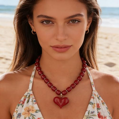 YUJIE Chunky Heart Pendant Necklace for Women- Exaggerated Statement Puff Heart Necklace with Acrylic Beaded Chain - color: burgundy