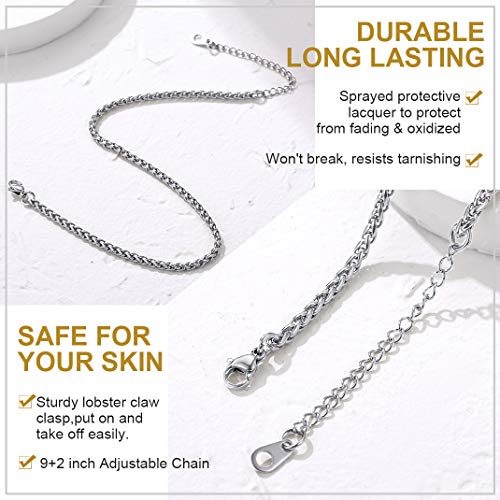 Adjustbale Link Chain Anklet for Women Summer Jewelry, 316L Stainless Steel Figaro/Wheat/Twist Rope/Cuban Foot Bracelet-Waterproof, Resizable 9"-12" (Gift Box Included) - color: 4, Wheat - Stainless Steel
