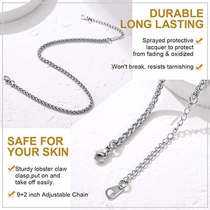Adjustbale Link Chain Anklet for Women Summer Jewelry, 316L Stainless Steel Figaro/Wheat/Twist Rope/Cuban Foot Bracelet-Waterproof, Resizable 9"-12" (Gift Box Included) - color: 4, Wheat - Stainless Steel