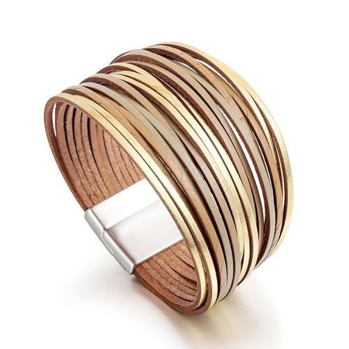 Edoneery Leather Wrap Bracelets for Women, Boho Layered Cuff Bangle | Multi-layer Leather Cuff, Daily wear, Stackable Bangle, Easy on-off, Western Jewelry Gifts for Women - color: Gold-7