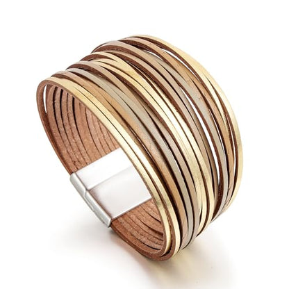 Edoneery Leather Wrap Bracelets for Women, Boho Layered Cuff Bangle | Multi-layer Leather Cuff, Daily wear, Stackable Bangle, Easy on-off, Western Jewelry Gifts for Women - color: Gold-7
