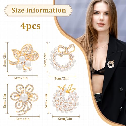 4pcs Brooches and Pins for Women, Flower Brooch, Crystal Pearl Brooch, for Women Fashion Accessories - style: leaf