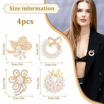 4pcs Brooches and Pins for Women, Flower Brooch, Crystal Pearl Brooch, for Women Fashion Accessories - style: leaf