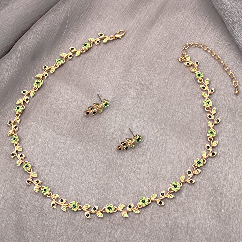 Austrian Crystal Rhinestone Choker Necklace Dangle Earring Link Bracelet Jewelry Set for Brides Bridesmaid Prom Costume Accessories for Women - color: En001-Green-Gold Plated