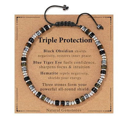 Healing Crystal Bracelet for Men Women, Triple Protection Hematite Black Obsidian Tiger Eye Natural Gemstone Beaded Bracelets Jewelry Gifts for Him - color: Triple Protection (Blue Tiger Eye)