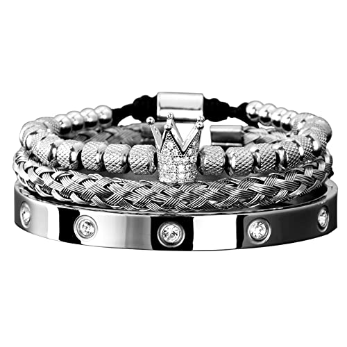3pcs/set Classical Handmade Braiding Bracelet Hip Hop Men Pave CZ Leopard Head Roman Numeral Bracelet Stainless Steel Jewelry - color: 3pcs K Silver