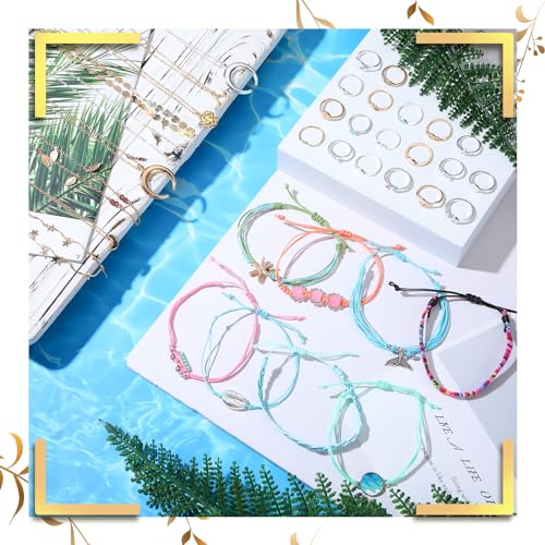 Batiyeer 60 Pcs Boho Surfer Wave Bracelet and Necklace Set for Women, Summer Beach Y2k Layered Choker Anklets Knuckle Rings - style: Cool
